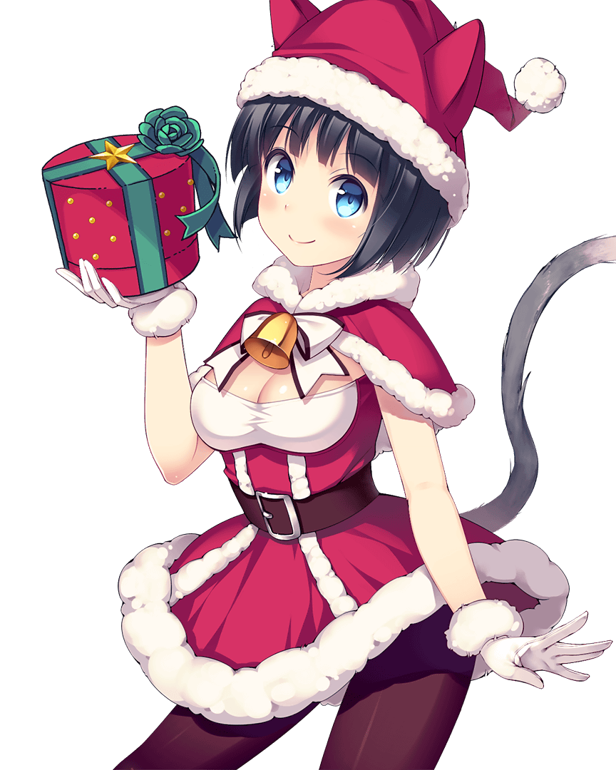 animal_ears bell black_hair blue_eyes box cat_ears cat_tail closed_mouth daibouken!_yukeyuke_osawari_island gift gift_box gift_wrapping gloves hat hat_with_ears holding ichigo_(daibouken!_yukeyuke_osawari_island) looking_at_viewer nontan official_art santa_costume santa_gloves santa_hat short_hair skirt smile tail