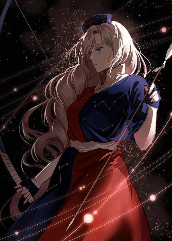 1girl arrow bangs bow_(weapon) constellation dress hair_ornament hat holding long_hair night night_sky nurse_cap outdoors red_cross short_sleeves silence_girl silver_hair simple_background sky smile solo space star star_(sky) touhou very_long_hair weapon yagokoro_eirin