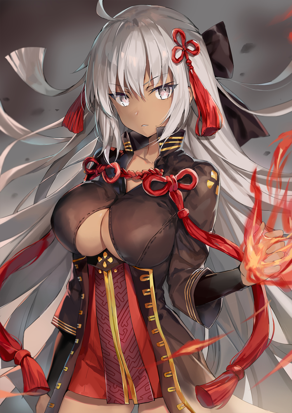 1girl ahoge bangs black_bow black_coat bow breasts cleavage_cutout collarbone commentary_request dark_skin dress fate/grand_order fate_(series) fire grey_eyes hair_between_eyes hair_bow highres hips koha-ace large_breasts long_hair looking_at_viewer momoko_(momopoco) okita_souji_(alter)_(fate) okita_souji_(fate)_(all) parted_lips red_dress silver_hair solo tassel very_long_hair