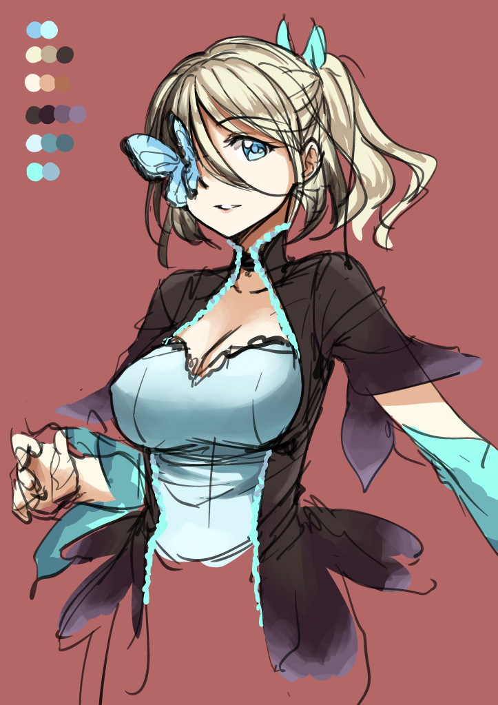 1girl blonde_hair blue_eyes breasts bug butterfly butterfly_eyepatch cleavage cloud_kingdom color_guide detached_sleeves eyepatch insect large_breasts one_side_up original pas_(paxiti) red_background solo upper_body