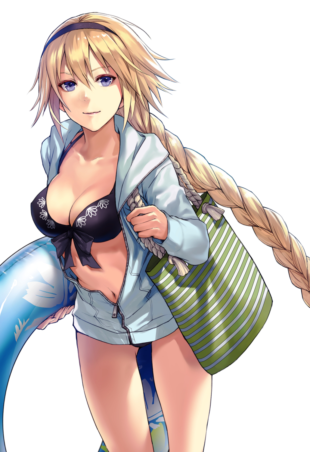 1girl bag belly_button bikini black_bikini blonde_hair braid cute fate/apocrypha fate/grand_order fate_(series) floral_print hairband hood hooded_jacket innertube jacket jeanne_d'arc_(fate)_(all) jeanne_d'arc_(swimsuit_archer) navel parted_lips ponytail redapple999 ruler_(fate/apocrypha) solo swimsuit very_long_hair violet_eyes zipper