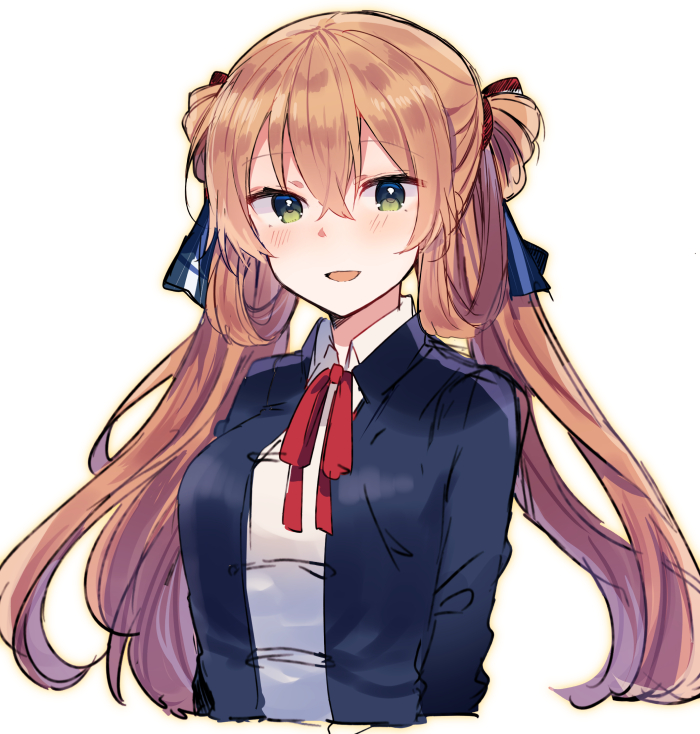 1girl :d bangs blazer blue_jacket blush breasts collared_shirt eyebrows_visible_through_hair girls_frontline green_eyes hair_between_eyes hair_rings ikeuchi_tanuma jacket light_brown_hair long_hair looking_at_viewer m1903_springfield_(girls_frontline) medium_breasts neck_ribbon open_blazer open_clothes open_jacket open_mouth red_ribbon ribbon shirt simple_background smile solo twintails upper_body very_long_hair white_background white_shirt