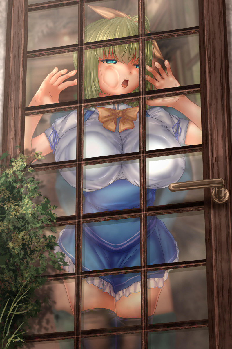 1girl against_door against_glass anna_miller breast_press breasts bush cheek_press commentary_request daiyousei green_eyes green_hair hair_ribbon half-closed_eyes highres huge_breasts long_hair miniskirt open_mouth ponytail ribbon sexually_suggestive shounen_(hogehoge) skirt thigh-highs tongue touhou waitress