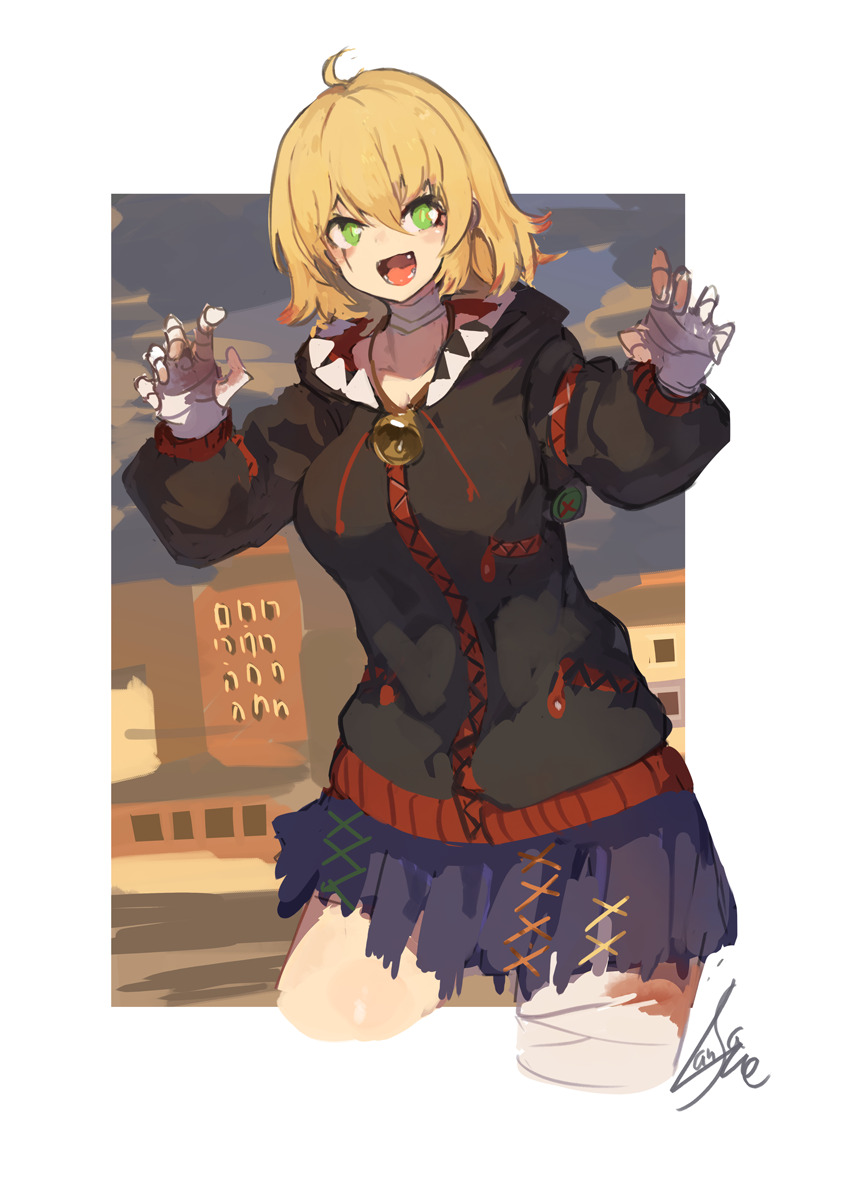 1girl :d bell black_hoodie blonde_hair blush bright_pupils cafe_no_zombi-ko commentary_request cowboy_shot fang green_eyes hands_up highres hood hood_down jingle_bell lansane long_sleeves looking_at_viewer open_mouth purple_skirt scar scar_across_eye short_hair signature sketch skirt smile solo standing torn_clothes torn_skirt zipper zombi-ko_channel