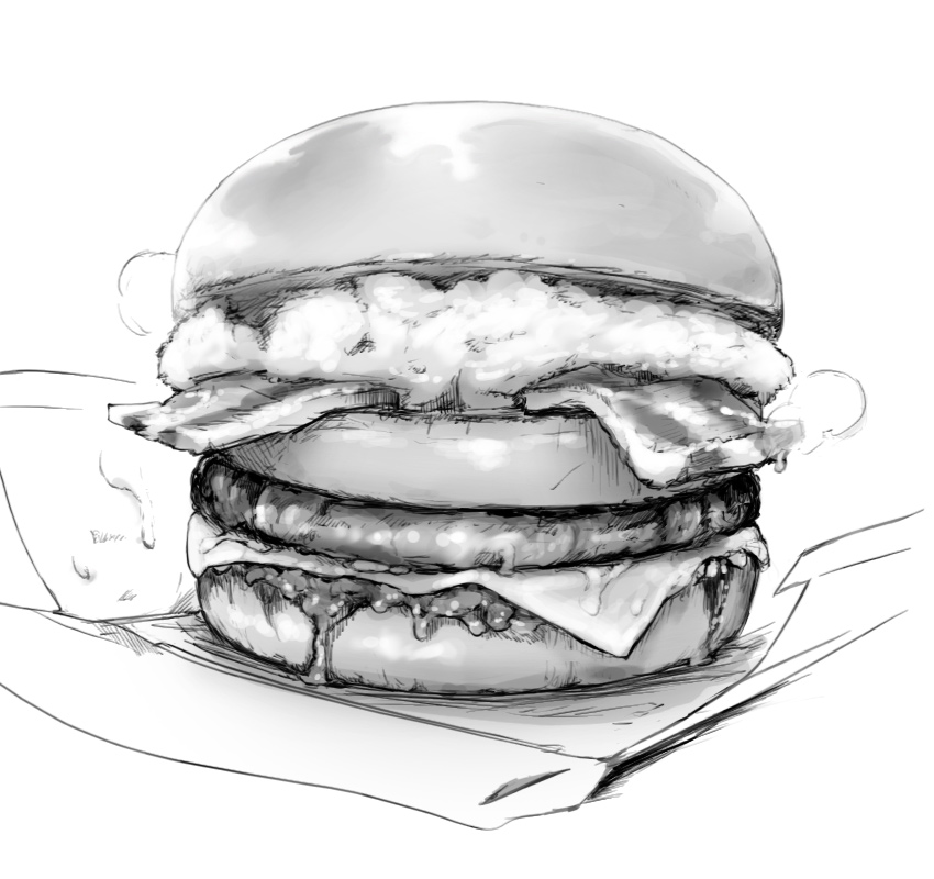 abubu bacon cheese food hamburger monochrome no_humans original sauce steam