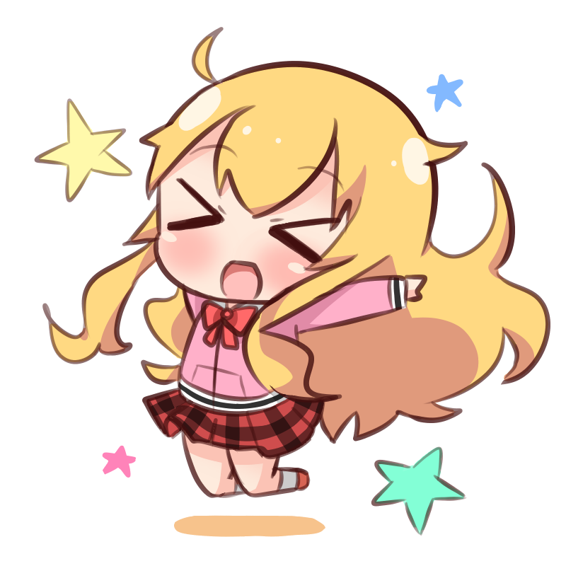&gt;_&lt; 1girl :d ahoge bangs blonde_hair blush bow cardigan chibi closed_eyes commentary_request eyebrows_visible_through_hair facing_viewer full_body gabriel_dropout hair_between_eyes hana_kazari jumping kneehighs long_hair long_sleeves open_mouth outstretched_arm pink_cardigan plaid plaid_skirt pleated_skirt red_bow red_footwear red_skirt school_uniform skirt smile solo star tenma_gabriel_white very_long_hair white_background white_legwear xd