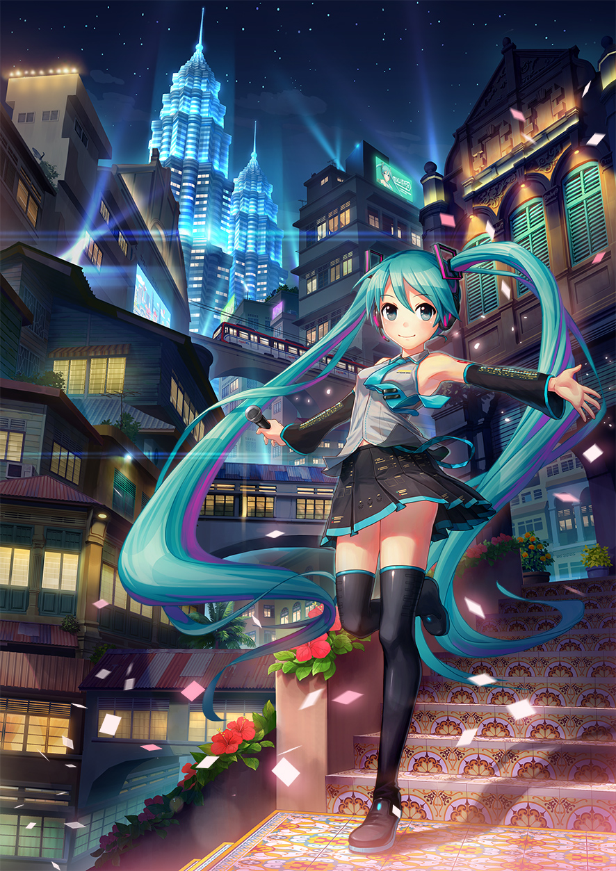 1girl black_footwear black_skirt blue_eyes blue_hair blush boots chong_feigiap closed_mouth confetti flower hatsune_miku highres knee_boots long_hair looking_at_viewer night outdoors scenery skirt sky smile stairs star_(sky) twintails very_long_hair vocaloid