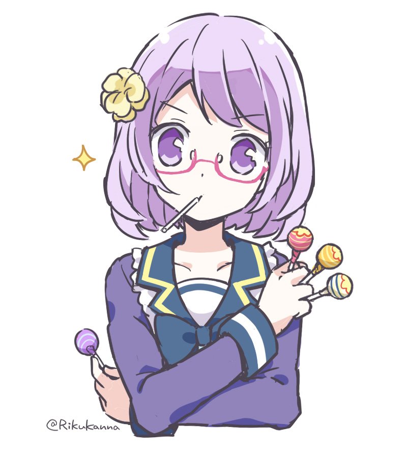 1girl aikatsu!_(series) aikatsu_stars! bow bowtie candy chupa_chups commentary eyebrows_visible_through_hair flower food food_in_mouth glasses hair_flower hair_ornament holding lollipop long_sleeves looking_at_viewer nanakura_koharu pink-framed_eyewear purple_hair riku_kanna school_uniform semi-rimless_eyewear short_hair solo sparkle twitter_username under-rim_eyewear violet_eyes yotsuboshi_academy_uniform