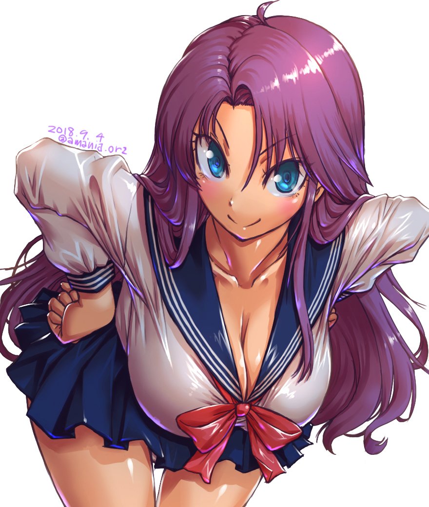 1girl amania_orz blue_eyes blush breasts cleavage collarbone dated hands_on_hips hazuki_izuna leaning_forward looking_at_viewer purple_hair reibaishi_izuna school_uniform serafuku simple_background smile solo twitter_username white_background