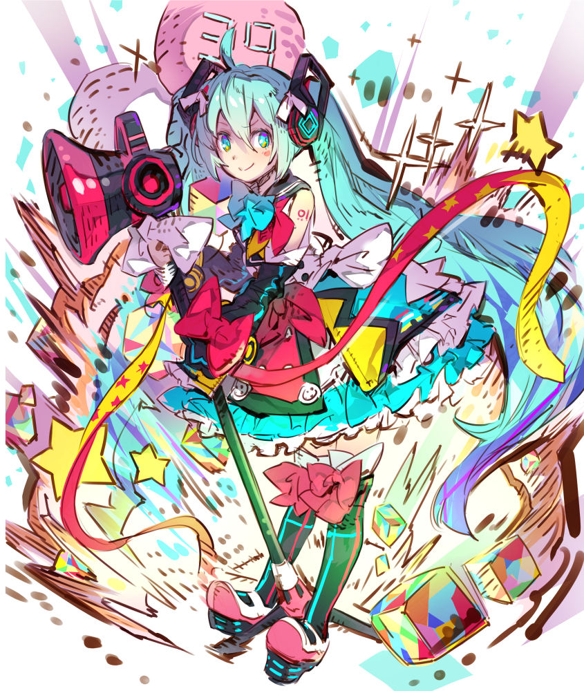 &gt;:) 1girl balloon bangs black_footwear black_legwear blue_eyes blue_hair blue_skirt blush boots bow closed_mouth commentary_request detached_sleeves eyebrows_visible_through_hair frilled_skirt frills hair_between_eyes haku_(sabosoda) hatsune_miku holding long_hair long_sleeves looking_at_viewer megaphone red_bow shirt skirt sleeveless sleeveless_shirt smile solo star thigh-highs thigh_boots twintails v-shaped_eyebrows very_long_hair vocaloid white_shirt