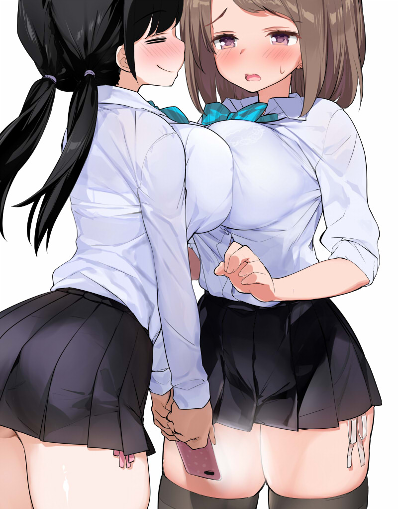 2girls ass bangs black_hair black_legwear black_skirt blush bow bowtie bra breast_press breasts brown_hair cellphone closed_eyes closed_mouth commentary_request hair_tie kaisen_chuui large_breasts long_hair long_sleeves low_twintails multiple_girls open_mouth original panties phone pink_panties pleated_skirt school_uniform see-through shirt short_hair side-tie_panties simple_background skirt smartphone smile striped striped_bow symmetrical_docking thigh-highs twintails underwear violet_eyes white_background white_panties white_shirt yuri zettai_ryouiki