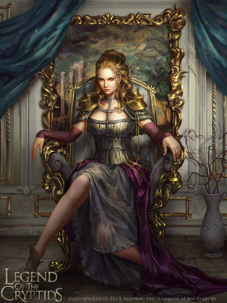 1girl blonde_hair blue_eyes boots breasts card cleavage copyright_name curtains fantasy laura_sava legend_of_the_cryptids long_hair official_art queen sitting solo throne