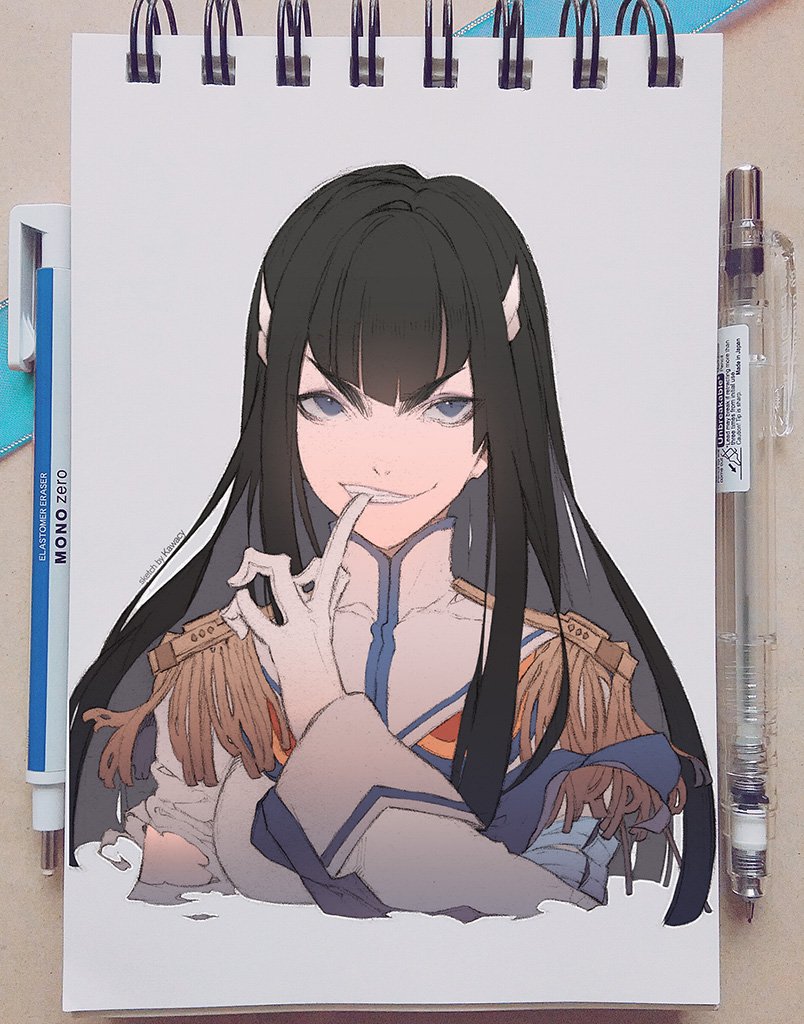 1girl black_hair eyebrows finger_to_mouth grey_eyes grin junketsu kawacy kill_la_kill kiryuuin_satsuki living_clothes long_hair marker_(medium) smile torn_clothes traditional_media