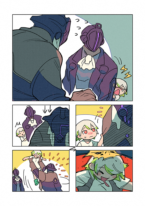 1girl 2boys angry bondrewd comic crying hurt made_in_abyss meinya_(made_in_abyss) multicolored_hair multiple_boys prushka red_eyes saiko67 short_hair silent_comic simple_background size_difference