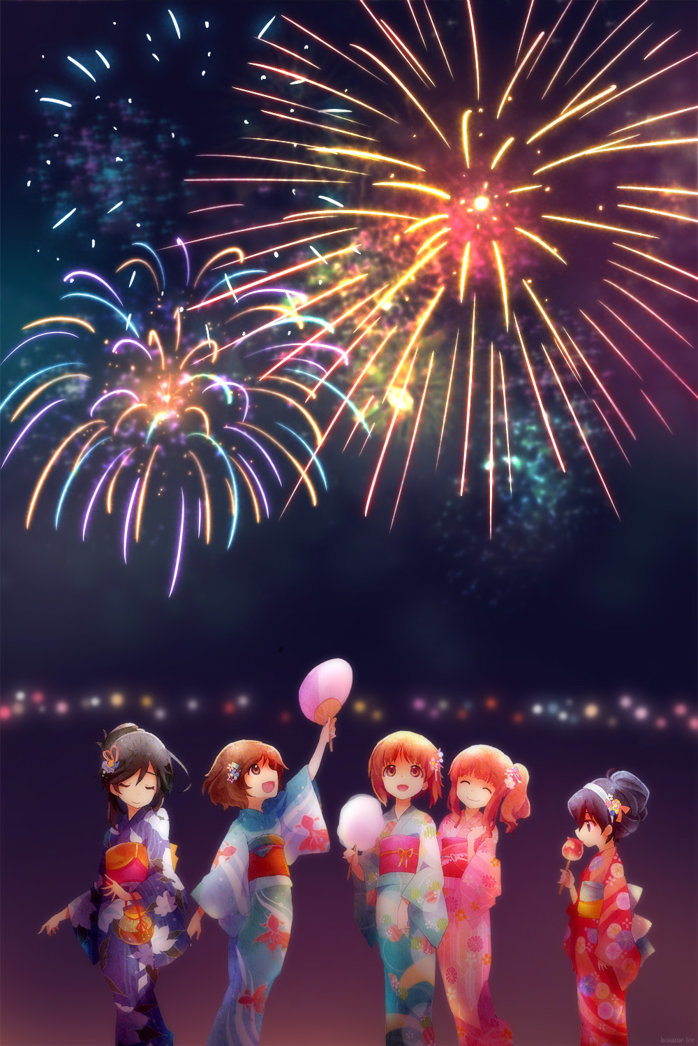 5girls aerial_fireworks akiyama_yukari alternate_hairstyle arm_up bangs black_hair blue_kimono blunt_bangs brown_eyes brown_hair candy_apple closed_mouth commentary cotton_candy eating fan fireworks food girls_und_panzer green_kimono hair_bun hair_ornament hair_up hairband highres holding isuzu_hana japanese_clothes kimono kosame_koori long_hair long_sleeves looking_at_another looking_up messy_hair multiple_girls night night_sky nishizumi_miho obi open_mouth orange_hair paper_fan pink_kimono print_kimono pursed_lips red_kimono reizei_mako sash short_hair side_ponytail sky smile squatting standing standing_on_one_leg swept_bangs takebe_saori white_hairband wide_sleeves