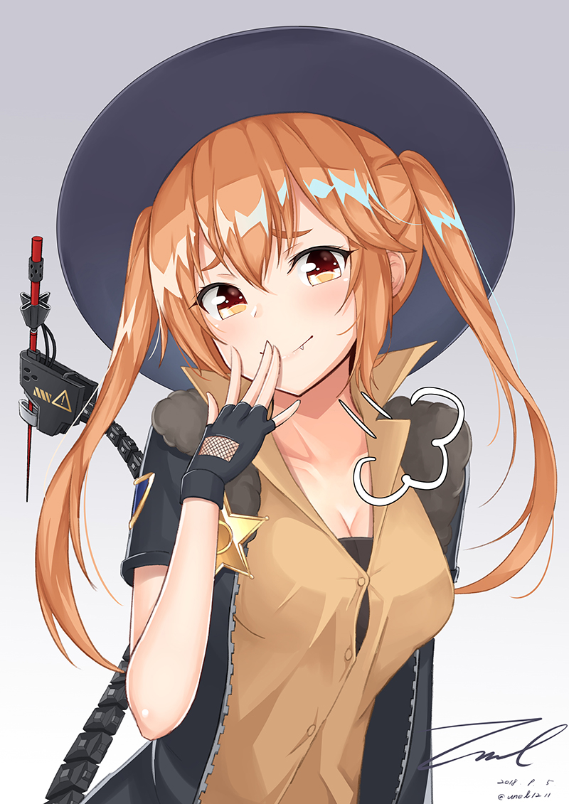 1girl =3 bangs black_bra black_gloves blush bomber_jacket bra bra_peek breasts brown_shirt cleavage closed_mouth collarbone collared_shirt dated demon_horns fang_out fangs fingerless_gloves fur-trimmed_jacket fur_trim girls_frontline gloves gradient gradient_background hair_between_eyes hand_up hat head_tilt horns jacket long_hair looking_at_viewer m870_(girls_frontline) mechanical_tail medium_breasts open_clothes open_jacket orange_eyes sheriff_badge shirt sidelocks signature simple_background smile solo tail taut_clothes taut_shirt twintails twitter_username underwear unel upper_body zipper