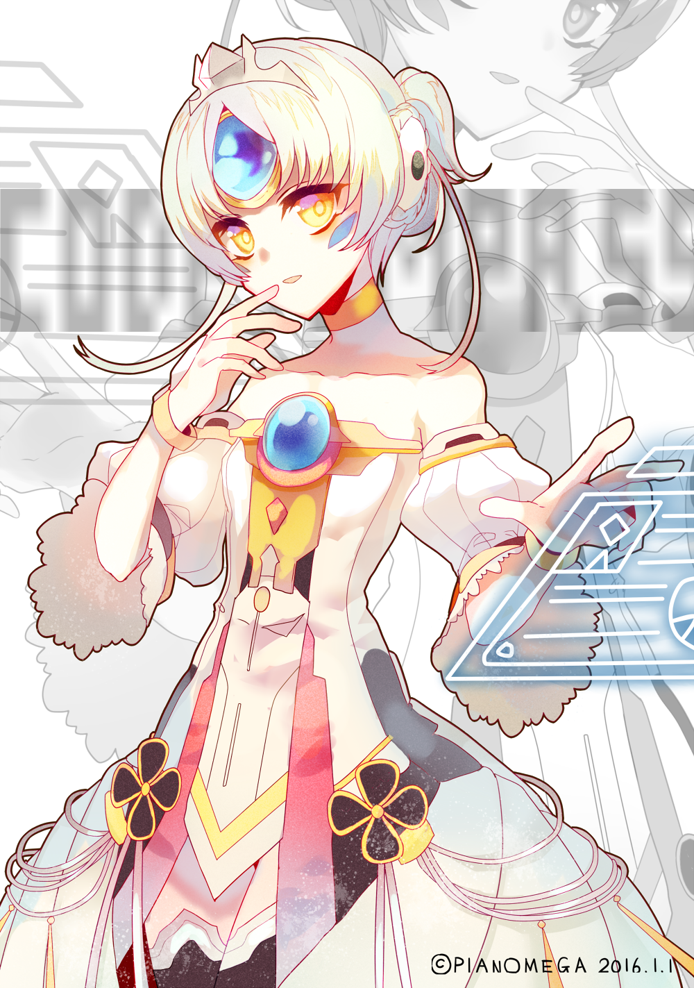 1girl athria bare_shoulders collarbone crown detached_sleeves elsword eve_(elsword) facial_mark forehead_jewel highres holographic_touchscreen silver_hair skirt smile yellow_eyes