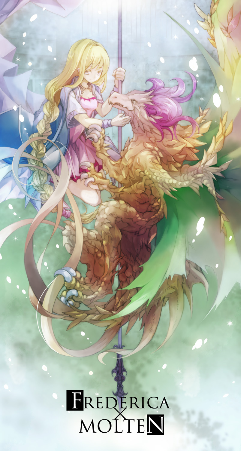 1girl bahamut_lagoon blonde_hair braid breasts brown_eyes cape character_name dragon dress frederica_(bahamut_lagoon) green_background hand_up highres holding long_hair pink_dress short_sleeves small_breasts touka_(jue) very_long_hair wristband yellow_eyes