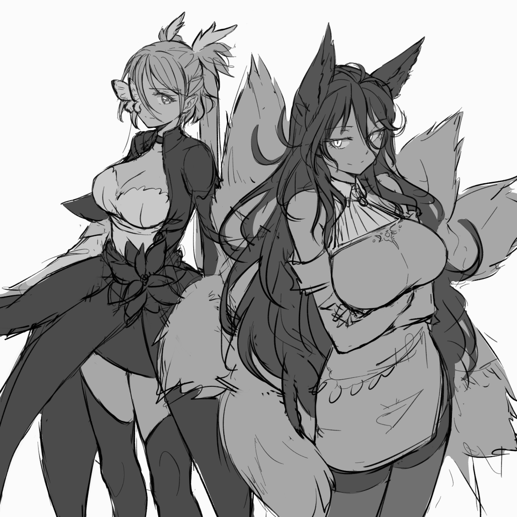 2girls animal_ears breasts character_request cleavage cloud_kingdom crossed_arms fox_ears fox_tail greyscale large_breasts long_hair monochrome multiple_girls multiple_tails pas_(paxiti) showgirl_skirt sketch tail thank_you thigh-highs