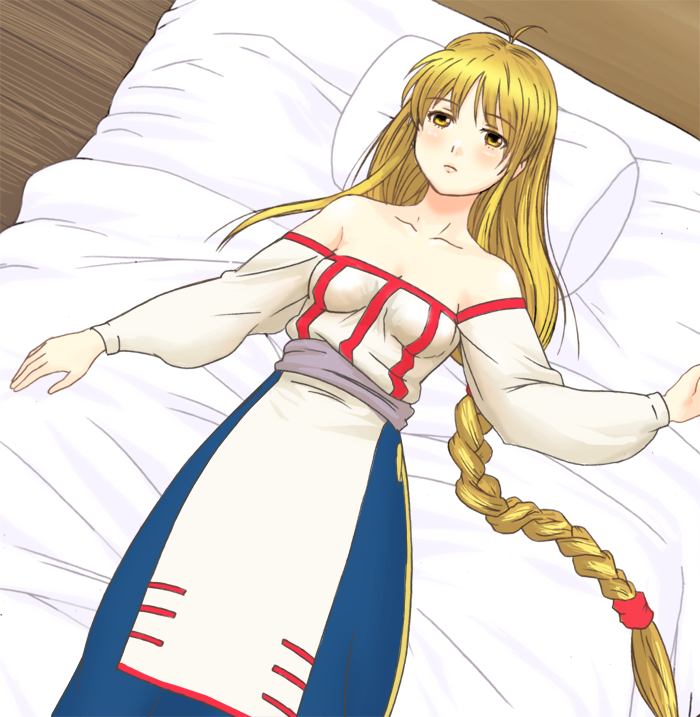 1girl arc_the_lad arc_the_lad_ii bare_shoulders bed blonde_hair braid breasts brown_eyes cleavage closed_mouth commentary_request dress hosshi_(nariagari) lieza long_hair low-tied_long_hair lying medium_breasts on_back pillow single_braid solo white_dress wooden_floor