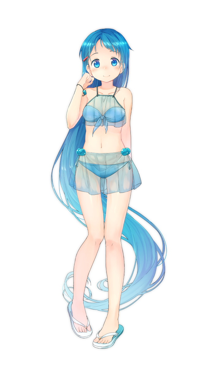 1girl alternate_costume armband ass_visible_through_thighs bangs bikini blue_bikini blue_eyes blue_hair blush closed_mouth commentary_request eyebrows_visible_through_hair front-tie_bikini front-tie_top full_body gradient_hair hair_between_eyes hair_ornament hairclip hand_up highres jewelry kantai_collection legs long_hair looking_at_viewer multicolored_hair navel oge_(ogeogeoge) samidare_(kantai_collection) see-through side-tie_bikini simple_background slippers smile solo standing swept_bangs swimsuit thighs very_long_hair white_background