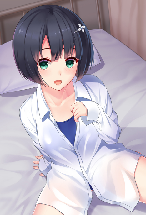 1girl arm_behind_back arm_up bangs bed bed_sheet black_hair blue_swimsuit blush collarbone collared_shirt commentary_request cowboy_shot eyebrows flower green_eyes hair_flower hair_ornament hairpin huyumitsu indoors long_sleeves looking_at_viewer nose on_bed one-piece_swimsuit open_mouth original pillow school_swimsuit see-through shirt short_hair sitting solo swimsuit swimsuit_under_clothes unbuttoned unbuttoned_shirt white_shirt