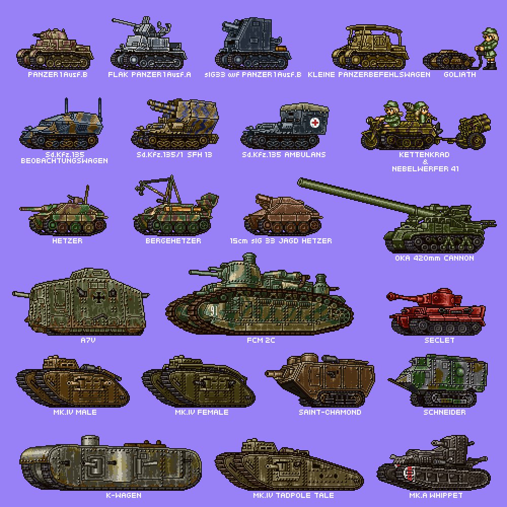 a7v_(tank) blue_background explosive fcm_2c goliath_tracked_mine ground_vehicle hamcoro jagdpanzer_38(t) k-wagen kettenkrad kleine_panzerbefehlswagen mark_a_whippet mark_iv_tank military military_vehicle mine_(weapon) motor_vehicle oka_420mm_cannon original panzerkampfwagen_i pixel_art red_cross saint-chamond schneider sd.kfz.135 seclet simple_background tank tank_focus vehicle_focus vehicle_request