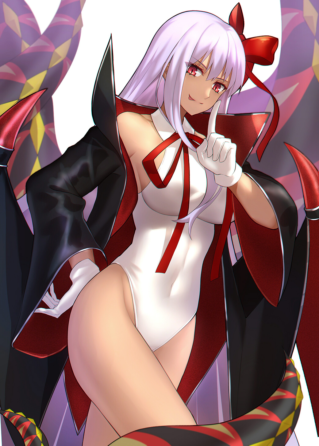 1girl bangs bat_wings bb_(fate)_(all) bb_(swimsuit_mooncancer)_(fate) black_coat blush breasts closed_mouth coat covered_navel fate/extra fate/extra_ccc fate/grand_order fate_(series) gloves hair_ribbon highres hips index_finger_raised large_breasts leotard long_hair looking_at_viewer neck_ribbon open_clothes open_coat popped_collar purple_hair red_eyes red_ribbon ribbon shiguru simple_background smile solo tan tentacle thighs tongue tongue_out very_long_hair waist white_background white_gloves wide_sleeves wings