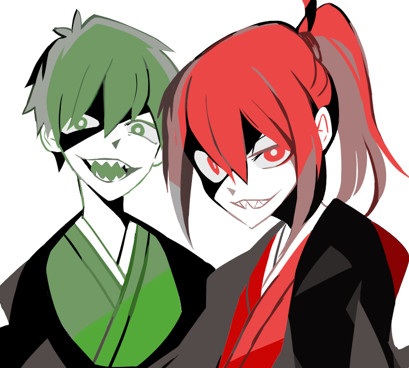 1boy 1girl amakusa_(hidorozoa) bright_pupils green green_eyes green_hair hair_between_eyes haori japanese_clothes looking_at_viewer multiple_monochrome niconico open_mouth ponytail red red_eyes redhead sakamoto_ryouma_(niconico) sharp_teeth simple_background smile takamori_saigou_(niconico) teeth white_background