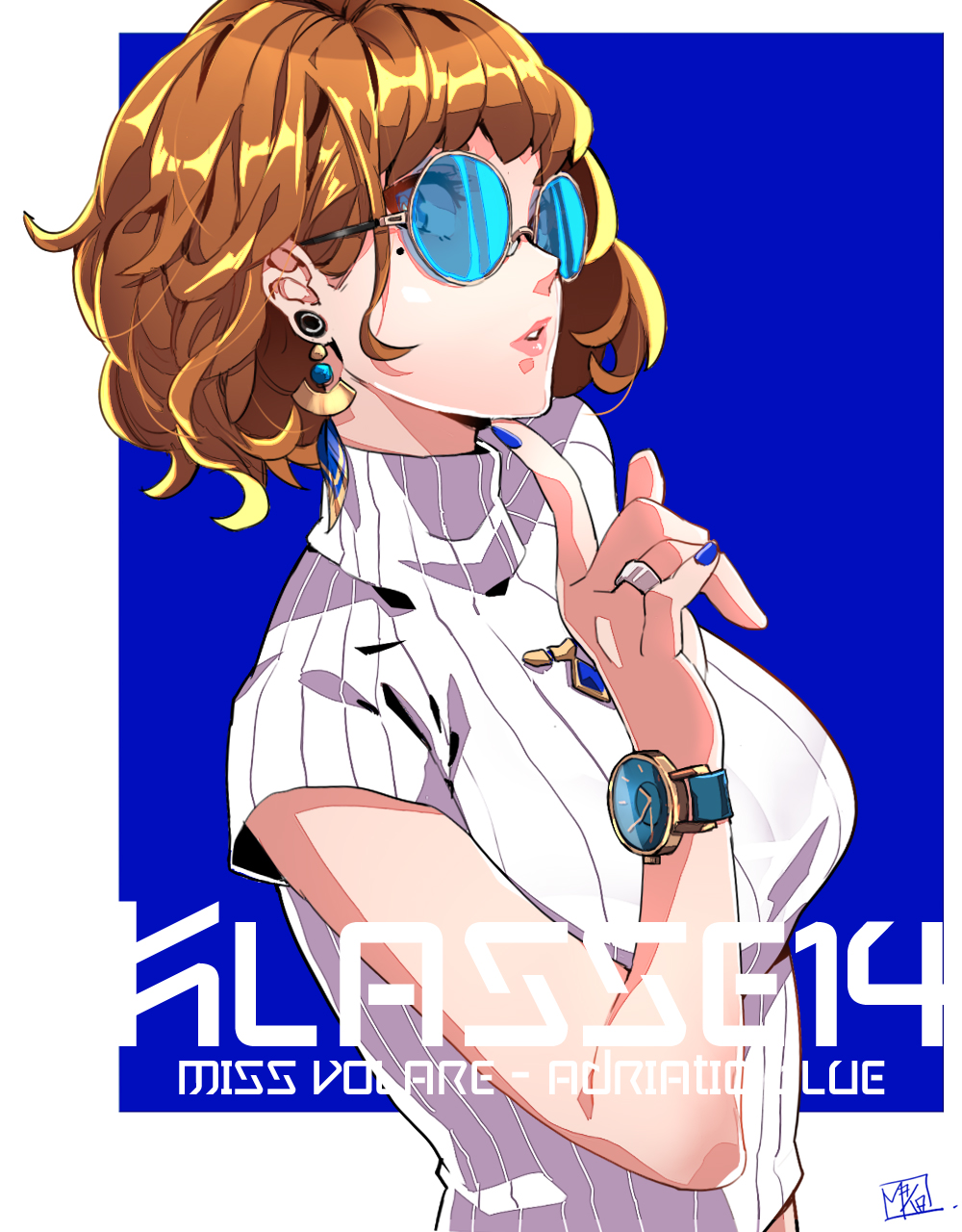 1girl blue-tinted_eyewear blue_background blue_eyes blue_nails breasts brooch commentary_request copyright_name ear_piercing earrings fashion highres jewelry klasse14 lipstick looking_at_viewer makai makeup medium_breasts mole mole_under_eye nail_polish original piercing ribbed_shirt ring round_eyewear shirt short_hair solo sunglasses turtleneck watch watch