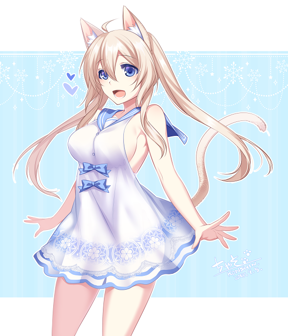 1girl animal_ears blonde_hair blue_eyes bow breasts cat_ears cat_tail dated dress eyebrows_visible_through_hair heart konshin large_breasts long_hair open_mouth phantasy_star phantasy_star_online_2 sideboob signature solo standing tail twintails white_dress