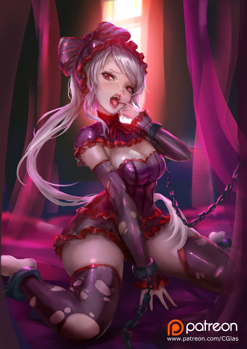 1girl barefoot bow breasts cglas chains cleavage curtains detached_collar detached_sleeves dress fang fangs finger_in_mouth frilled_dress frills gothic_lolita hair_bow large_breasts lolita_fashion long_hair looking_at_viewer open_mouth overlord_(maruyama) purple_dress red_eyes shalltear_bloodfallen silver_hair sitting sleeveless sleeveless_dress solo thigh-highs thighs torn_clothes torn_thighhighs vampire wariza window