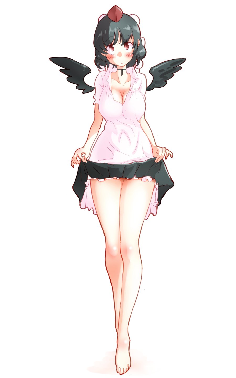 1girl bare_legs barefoot black_hair black_wings blush breasts brown_eyes collarbone commentary_request eyebrows_visible_through_hair hat highres large_breasts looking_at_viewer non_(z-art) shameimaru_aya shirt simple_background skirt skirt_lift tokin_hat touhou white_shirt wings