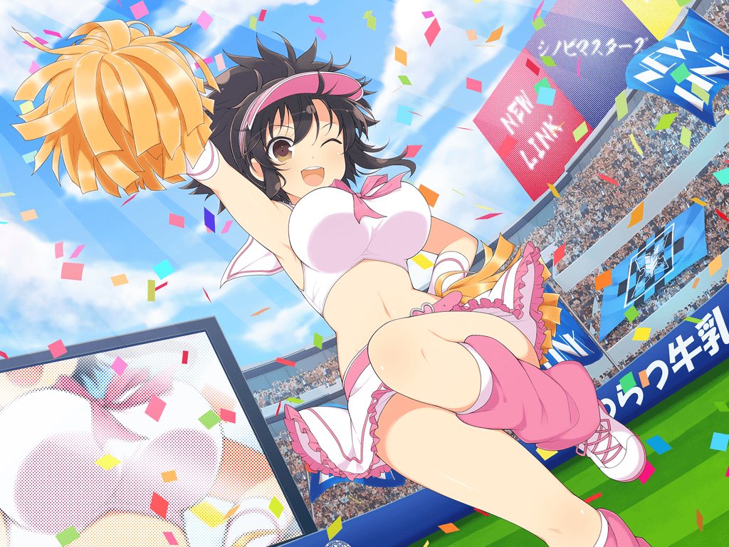 1girl alternate_costume arm_up asuka_(senran_kagura) blue_sky blush breasts brown_eyes brown_hair cheerleader clouds crop_top crowd day large_breasts leg_up looking_at_viewer miniskirt navel official_art one_eye_closed open_mouth outdoors pom_poms ponytail screen senran_kagura senran_kagura_new_wave shoes short_ponytail skirt sky sleeveless smile sneakers solo stadium standing standing_on_one_leg yaegashi_nan