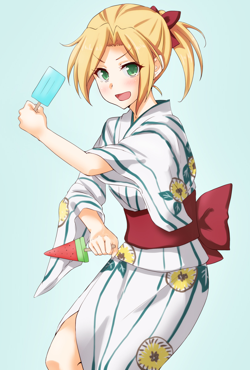 1girl :d anti_(untea9) blonde_hair blue_background blush commentary dual_wielding eyebrows_visible_through_hair food green_eyes hair_ribbon highres holding japanese_clothes kantai_collection kimono looking_at_viewer maikaze_(kantai_collection) obi open_mouth ponytail popsicle red_ribbon reverse_grip ribbon sash simple_background smile solo striped striped_kimono v-shaped_eyebrows vertical_stripes watermelon_bar wide_sleeves yukata