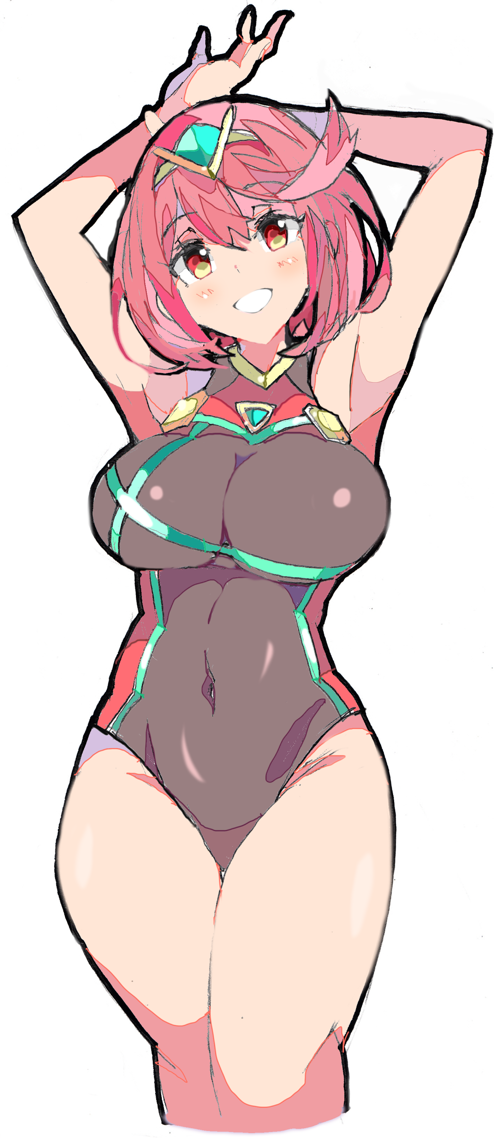 1girl arms_up bangs breasts competition_swimsuit covered_navel enpe highres pyra_(xenoblade) large_breasts looking_at_viewer nintendo one-piece_swimsuit open_mouth red_eyes redhead short_hair sidelocks sketch swept_bangs swimsuit tiara xenoblade_(series) xenoblade_2