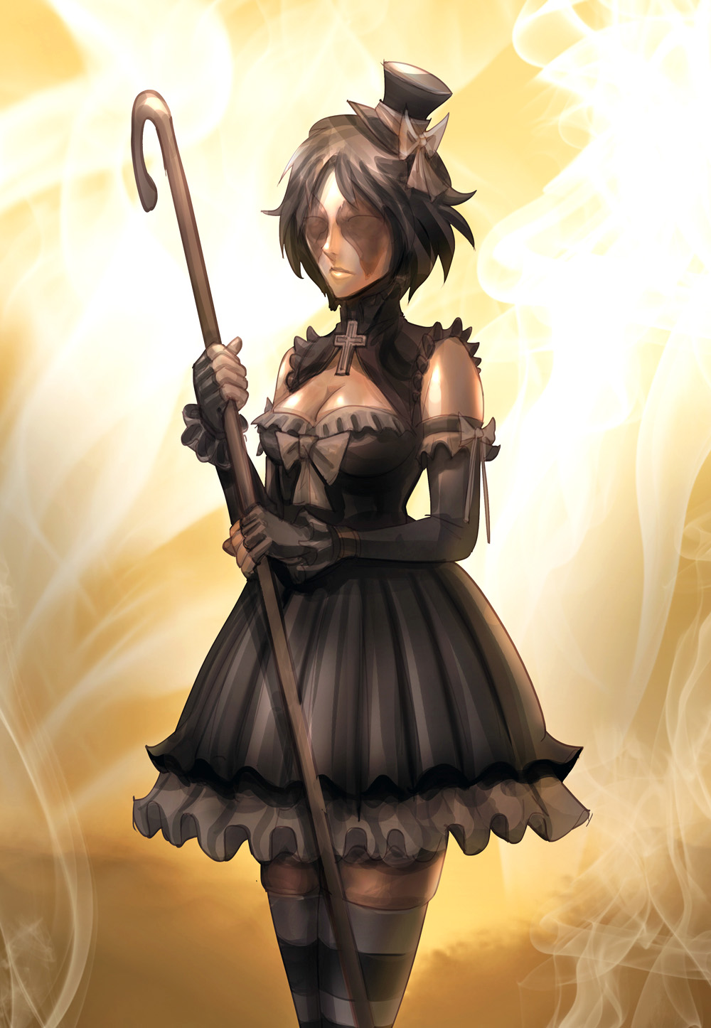 1girl adapted_costume bare_shoulders black_dress black_gloves black_hair breasts cleavage cleavage_cutout cross dark_souls demon's_souls dress elbow_gloves fingerless_gloves gloves gothic_lolita hat highres kewminus lips lolita_fashion long_dress maiden_in_black medium_breasts mini_hat mini_top_hat no_eyes nose over-kneehighs short_hair solo souls_(from_software) staff standing striped striped_legwear thigh-highs top_hat