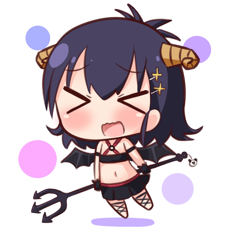 &gt;_&lt; 1girl bangs black_hair black_skirt black_wings blush closed_eyes commentary_request crop_top demon_girl demon_horns demon_wings eyebrows_visible_through_hair facing_viewer flying full_body gabriel_dropout hair_between_eyes hair_ornament hairclip hana_kazari holding horns long_hair midriff navel o-ring o-ring_top open_mouth pitchfork pleated_skirt skirt solo tsukinose_vignette_april wavy_mouth white_background wings x_hair_ornament