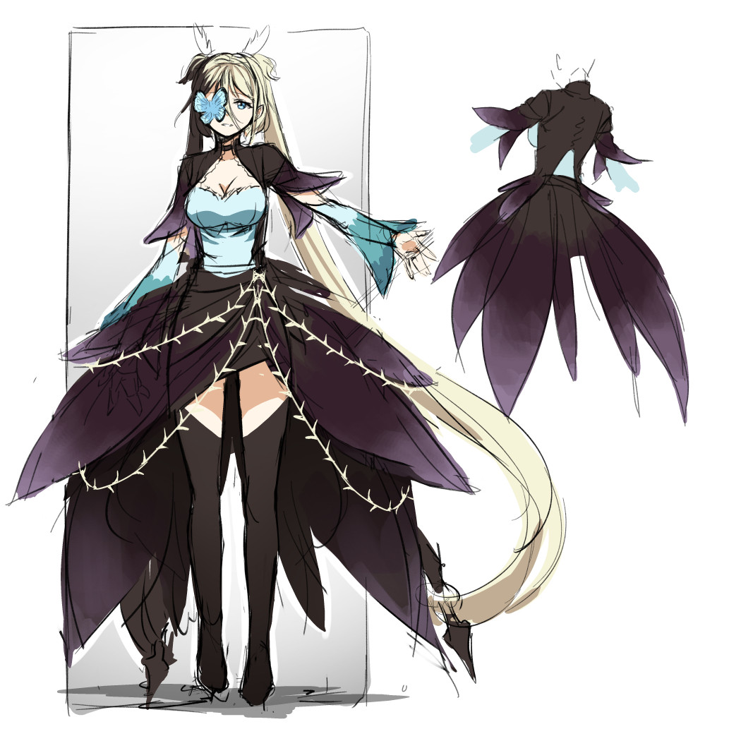 1girl absurdly_long_hair black_legwear blonde_hair blue_eyes breasts bug butterfly butterfly_eyepatch character_request character_sheet choker cleavage cloud_kingdom detached_sleeves eyepatch full_body insect large_breasts long_hair multiple_views original pas_(paxiti) showgirl_skirt thigh-highs turnaround twintails very_long_hair