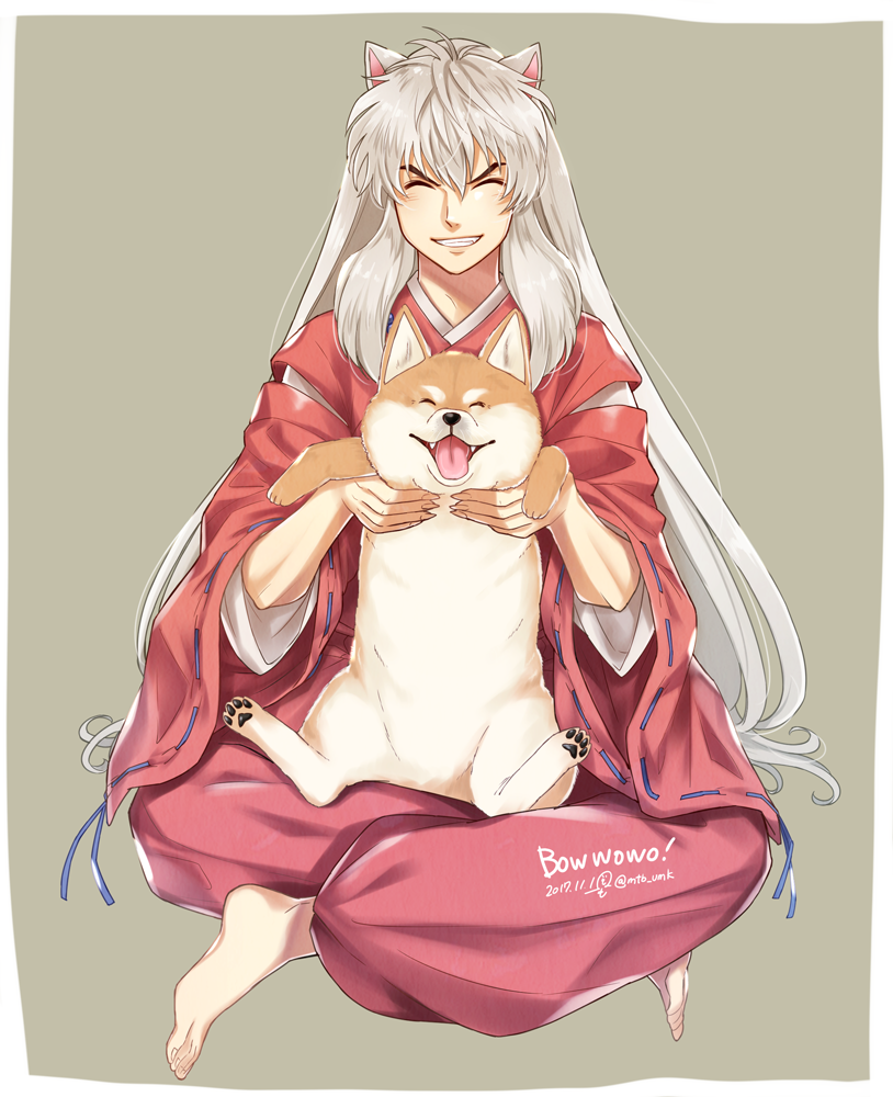 1boy 2017 animal_ears border closed_eyes dated dog_ears hair_between_eyes hakama indian_style inuyasha inuyasha_(character) japanese_clothes long_hair misleading_thumbnail motobi_(mtb_umk) shiba_inu sitting smile solo tan_background twitter_username white_border white_hair