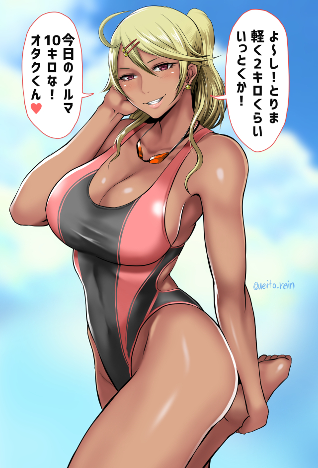 1girl amaryllis blonde_hair breasts cleavage clouds cloudy_sky collarbone commentary_request competition_swimsuit earrings goggles goggles_around_neck gyaru hair_ornament hairclip jewelry kogal large_breasts long_hair looking_at_viewer one-piece_swimsuit open_mouth ouga_saki red_eyes shibusun sky solo star star_earrings swimsuit twitter_username virtual_youtuber