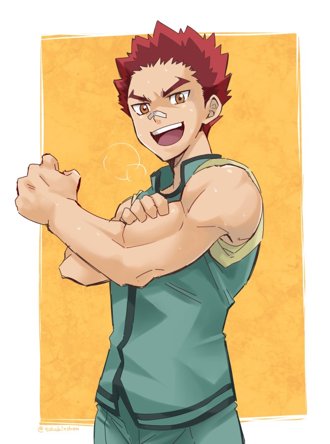 &gt;:d 1boy :d bandaid bandaid_on_nose biceps clenched_hand cowboy_shot flexing hairo_kineshi looking_at_viewer male_focus multicolored_hair muscle open_mouth orange_background orange_eyes pose redhead saiki_kusuo_no_psi_nan school_uniform sleeves_rolled_up smile solo spiky_hair sweat thick_eyebrows torakichi_(ebitendon) twitter_username two-tone_hair yellow_background