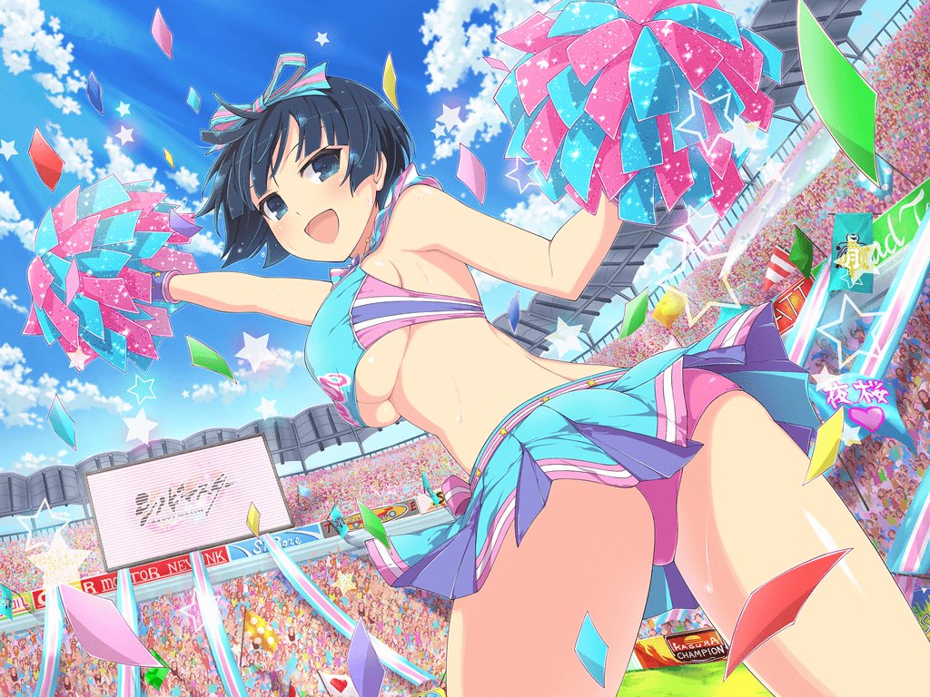 1girl alternate_costume arm_up bare_back blue_eyes blue_hair blue_sky blush breasts cheerleader clouds cowboy_shot crop_top crowd day hair_ornament large_breasts looking_at_viewer miniskirt official_art open_mouth outdoors panties pantyshot pom_poms senran_kagura senran_kagura_new_wave short_hair skirt sky smile solo stadium standing sunlight underwear yaegashi_nan yozakura_(senran_kagura)