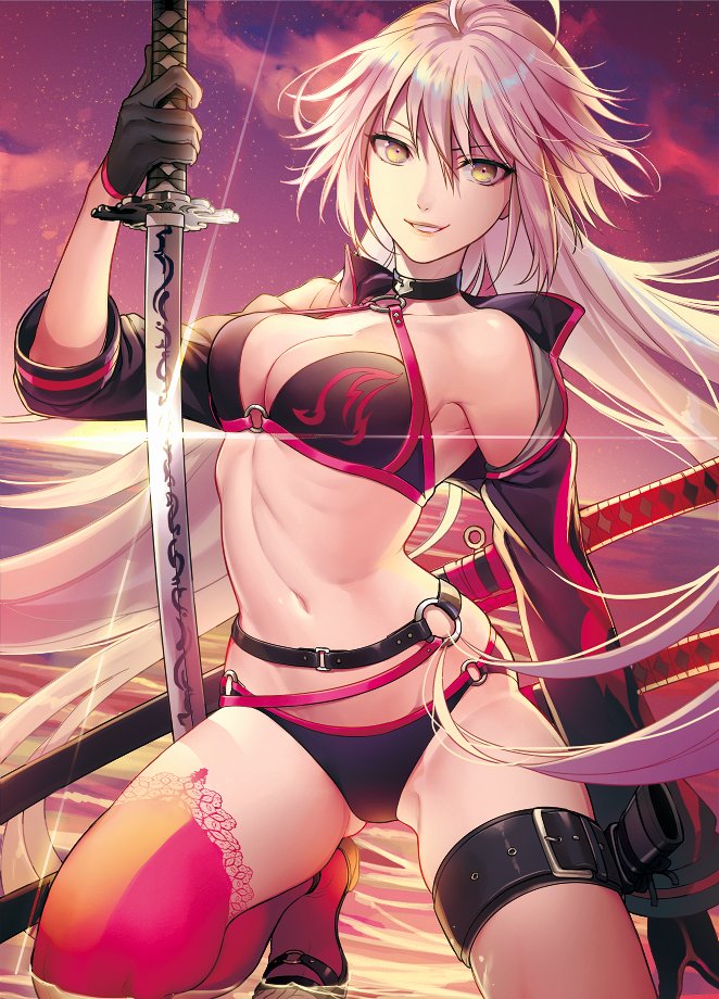 1girl ahoge amg_(nwmnmllf) ass_visible_through_thighs bikini black_bikini black_choker black_gloves breasts choker cleavage clouds commentary_request fate/grand_order fate_(series) floating_hair glint gloves hair_between_eyes holding holding_sword holding_weapon jeanne_d'arc_(alter_swimsuit_berserker) jeanne_d'arc_(fate)_(all) katana kneeling large_breasts long_hair long_sleeves o-ring off_shoulder parted_lips planted_sword planted_weapon red_legwear sheath single_thighhigh sky smile solo star_(sky) starry_sky swimsuit sword thigh-highs very_long_hair weapon white_hair yellow_eyes