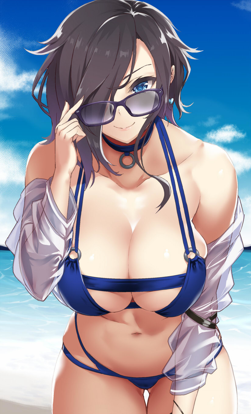 1girl ark_royal_(azur_lane) azur_lane bare_shoulders beach bikini blue_bikini blue_eyes breasts character_request cleavage collarbone d_kurouri detached_sleeves hair_over_one_eye highres large_breasts leaning_forward long_hair midriff navel o-ring o-ring_bikini raised_eyebrow sky smile solo sunglasses swimsuit thigh_gap thighs