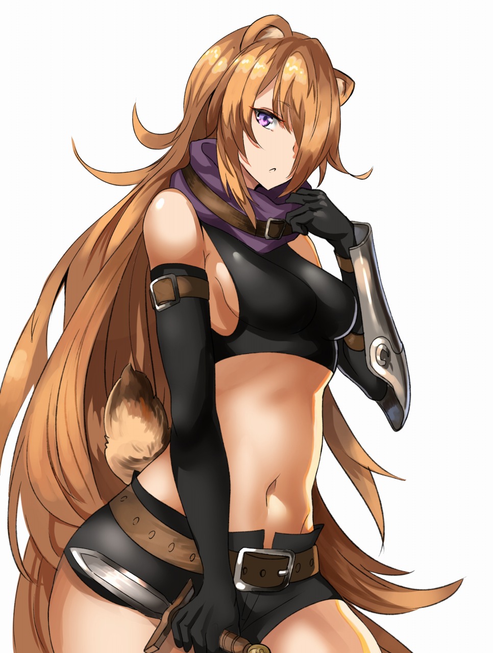 1girl animal_ears ankoku_broccoli arm_belt belt belt_buckle black_gloves black_shorts breasts brown_hair buckle commentary_request cowboy_shot crop_top dagger elbow_gloves gloves hair_over_one_eye highres long_hair looking_at_viewer medium_breasts midriff navel original parted_lips purple_scarf raccoon_ears raccoon_tail scarf short_shorts shorts sideboob simple_background standing tail very_long_hair violet_eyes weapon white_background