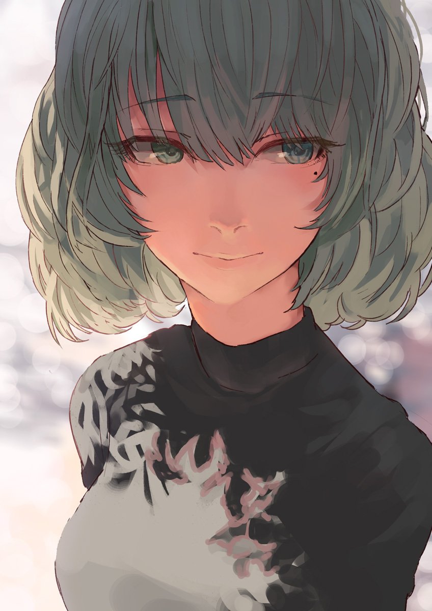 1girl bangs black_shirt blue_eyes commentary eyebrows_visible_through_hair face green_eyes green_hair heterochromia highres idolmaster idolmaster_cinderella_girls light_smile lips looking_away looking_to_the_side medium_hair mole mole_under_eye sawarakajin shirt solo takagaki_kaede turtleneck upper_body