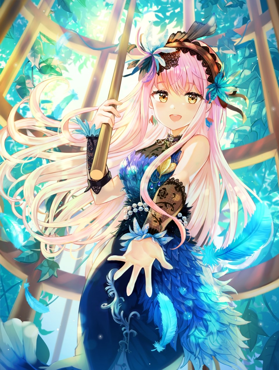 1girl :d arm_warmers bang_dream! bangs blue_dress blue_feathers commentary_request dress eyebrows_visible_through_hair feathers hair_feathers handband highres holding jewelry lace long_hair minato_yukina open_mouth outstretched_hand pearl plant round_teeth sleeveless sleeveless_dress smile solo teeth tokkyu_(user_mwwe3558) upper_teeth vines yellow_eyes yellow_feathers