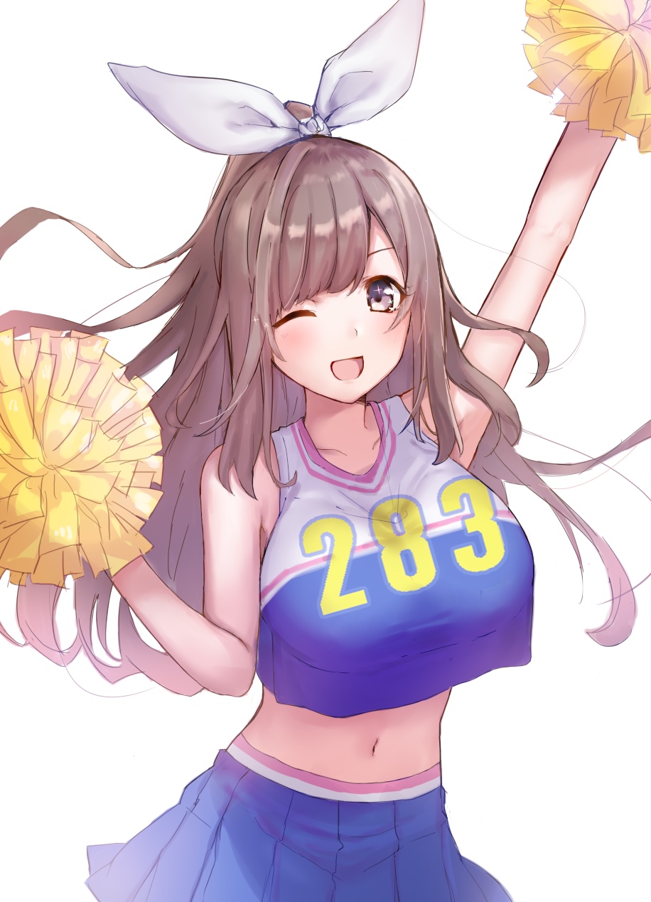 1girl arm_up artist_request bangs blue_skirt blush bow breasts brown_eyes brown_hair cheerleader clothes_writing collarbone crop_top crop_top_overhang hair_bow highres idolmaster idolmaster_shiny_colors large_breasts long_hair looking_at_viewer midriff navel one_eye_closed open_mouth pleated_skirt pom_poms ponytail simple_background skirt sleeveless smile solo sparkling_eyes swept_bangs tsukioka_kogane white_background white_bow