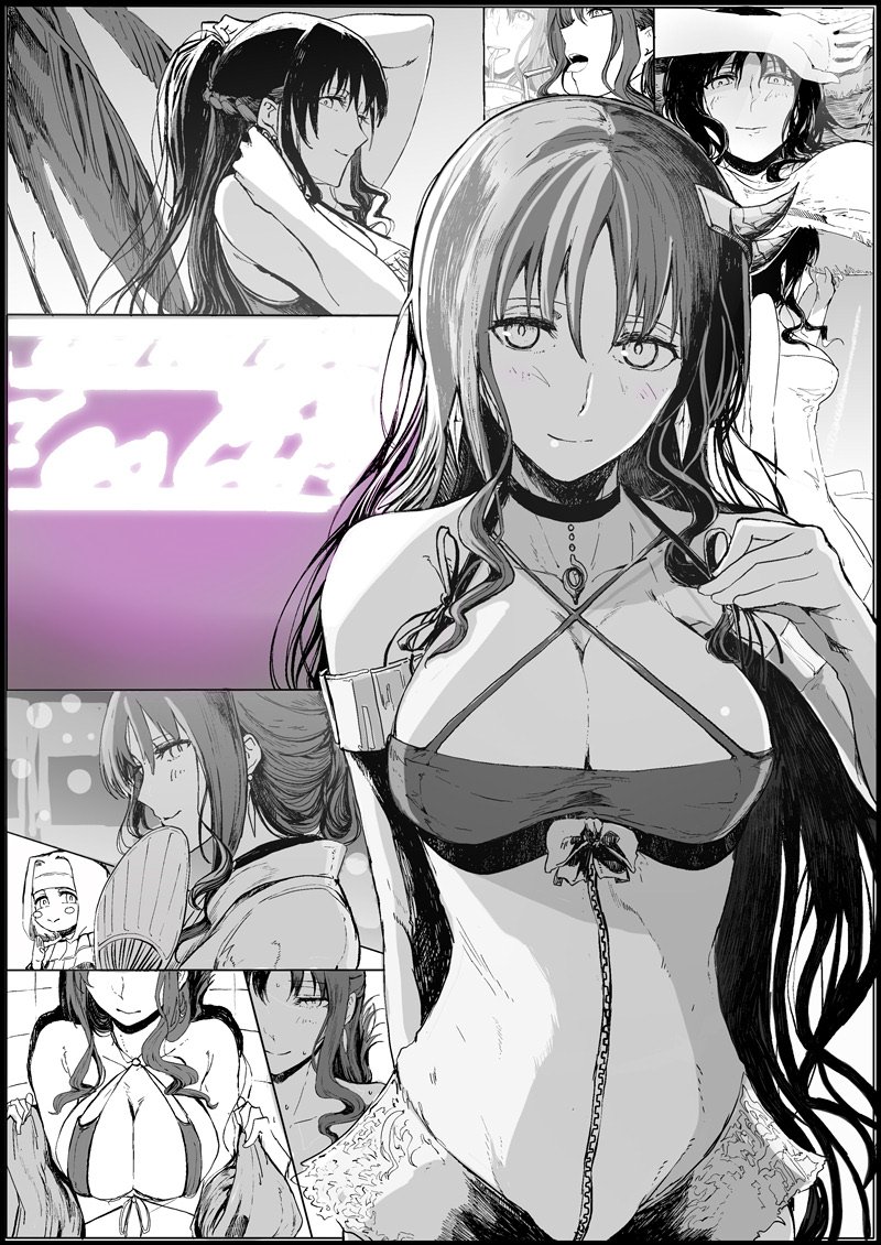 1girl bare_shoulders bikini breasts cleavage collarbone fan fate/grand_order fate_(series) greyscale japanese_clothes kimono long_hair looking_at_viewer monochrome nun sesshouin_kiara smile solo sweat swimsuit syatey very_long_hair